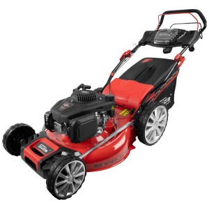 Tagliaerba a benzina Güde Big Wheeler 554.3 R con ampio sacco di raccolta e scocca rossa.
