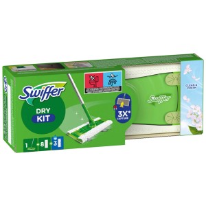 Swiffer Kit de démarrage balai à plat avec 8 lingettes sèches et 3 lingettes humides dans son emballage d'origine.