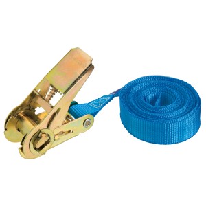 Sangle d'arrimage bleue (25 mm x 5 m) avec cliquet doré pour voyage et transport.