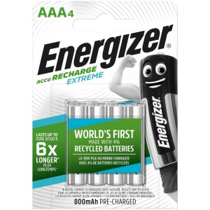 Piles rechargeables Energizer AAA Recharge Extreme, lot de 4. Piles pour appareils à forte consommation d'énergie.