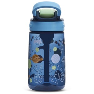 Borraccia Contigo blu scuro (420 ml) con motivi spaziali e cannuccia.