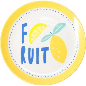 Assiette à dessert jaune en mélamine, Ø 20 cm, motif citron et lettrage bleu.