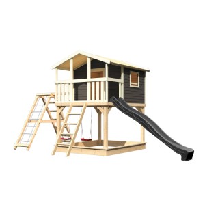 Karibu Maison sur pilotis Benjamin avec toboggan, balançoire, structure d'escalade et rampe en filet gris.