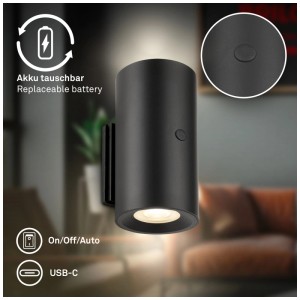 Applique murale à batterie noire Briloner Misy, dimmable, avec lumière blanche chaude et port USB-C.