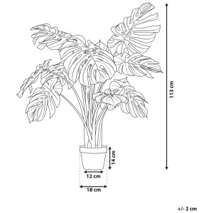 Schizzo di una pianta artificiale Monstera alta 113 cm in vaso, le dimensioni sono contrassegnate.