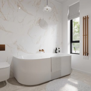 Bagno con piastrella da parete Calacatta Gold, lucida, 30x60 cm. Design elegante.