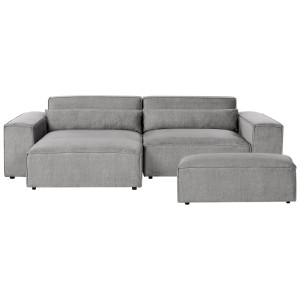 Canapé d'angle en tissu gris Beliani Hellnar avec pouf et coussins.