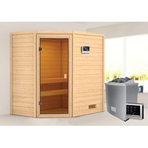 Sauna Woodfeeling Jella con porta in vetro bronzato e stufa da 9 kW con controllo.