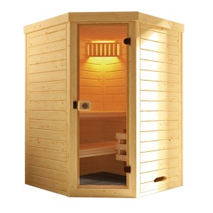 Sauna à éléments Weka Laukkala 1 avec kit d'éclairage, en épicéa et porte en verre.