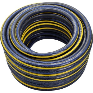 Tubo da giardino LUX-TOOLS PRO arrotolato, 25 m, 19 mm (3/4 di pollice), blu e giallo.