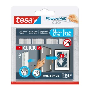 Tesa Powerstrips Click Combo, 6x2 M e 8x2 L, per un facile montaggio a parete con chiodi adesivi.
