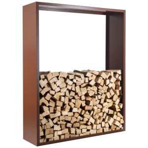 Range-bûches Nouvel Nova en métal marron rempli de bois de chauffage. Rangement pratique pour bois de cheminée.