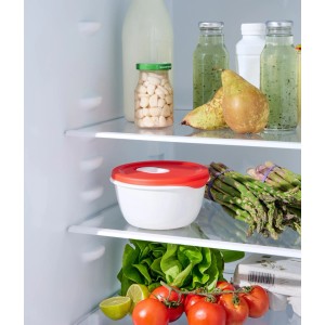 Ciotola per microonde Rotho Micro Clever 0.8 l papaya in frigo con cibo.
