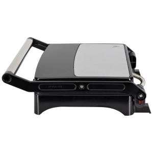 Griglia a contatto Nouvel Easy in acciaio inox, vista laterale. Grill da tavolo con superficie di cottura argentata e corpo nero.