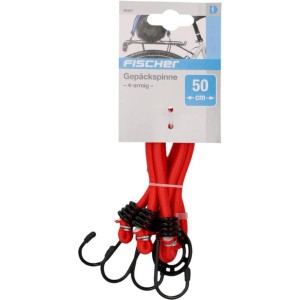 Sangle araignée Fischer pour porte-bagages vélo, 4 bras, 50 cm, rouge, avec crochets.