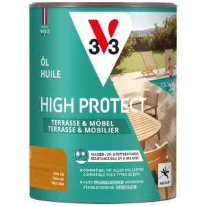 Boîte d'huile bois V33 High Protect Chêne Clair 750ml pour meubles de jardin & terrasses.
