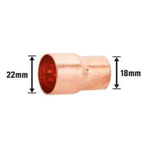 Manicotto di riduzione a saldare in rame, 22 mm x 18 mm, per raccordi di tubi in rame.