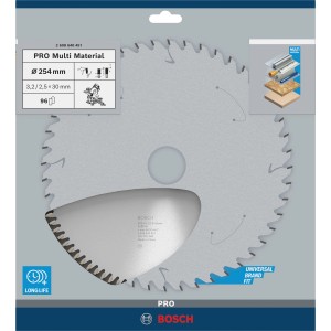 Lama per sega circolare Bosch Multi Material, 254 mm, 96 denti, per tagli precisi in vari materiali.