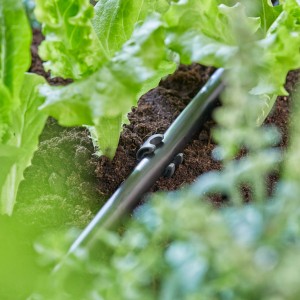 Supporto per tubo Gardena (13mm) in uso per fissare un tubo di irrigazione nell'aiuola.
