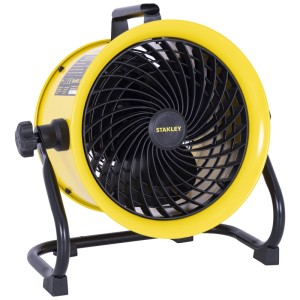 Ventilateur industriel Stanley jaune Ø 25 cm avec grille de protection noire et support.