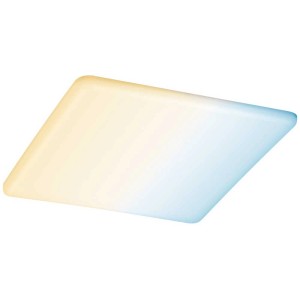 Panneau LED encastrable carré Paulmann Veluna VariFit avec dégradé de couleurs du blanc chaud au bleu froid.