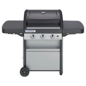Barbecue a gas Campingaz 3 Series Classic L, griglia grigia con tre bruciatori e ripiani laterali.