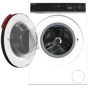 Lavatrice Sharp ES-WNFB814CWDA-CH bianca con oblò aperto. Lavatrice a carica frontale da 8 kg.