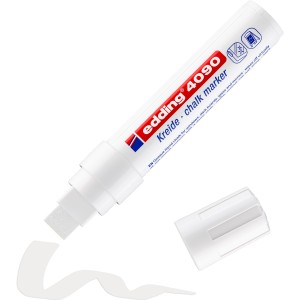 Marqueur craie Edding E-4090 blanc avec pointe large et trait de couleur.