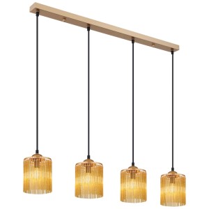 Lampada a sospensione Globo Leeds oro con 4 paralumi in acrilico ambrato per lampadine E14.