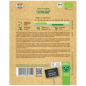 Confezione di semi di timo biologico Sperli con informazioni su coltivazione e raccolta. Semi di erbe aromatiche per timo profumato.