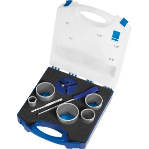 Kit de scies cloches LUX, 8 pièces dans une mallette : scies cloches, foret de centrage et accessoires pour des coupes précises.