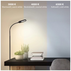 Lampadaire LED Brilo noir avec fonction CCT et différentes nuances de blanc (3000K, 4000K, 6500K).