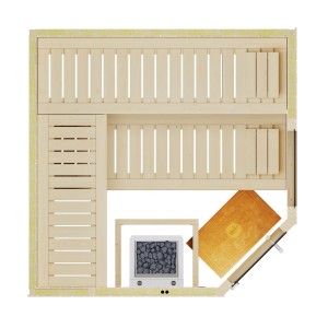 Sauna d'angle Weka Varberg avec porte en verre, fenêtre, poêle et ensemble d'éclairage.