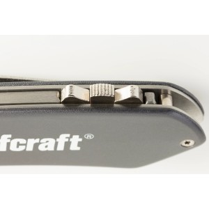 Coltello per hobby Wolfcraft, lama trapezoidale retrattile, dettaglio del meccanismo di blocco.