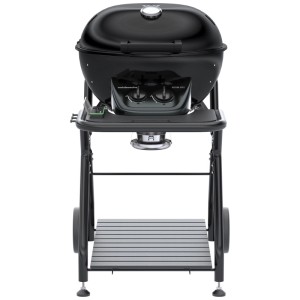 Outdoorchef Ascona 570 G Evo barbecue a gas, nero con ruote e termometro sul coperchio.