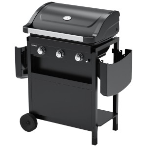 Campingaz Compact 3 L, barbecue a gas nero con 3 bruciatori e tavolini laterali pieghevoli.