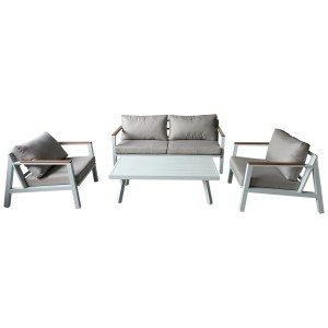 Acamp Lounge-Set Chora, 4-teilig: Sofa, 2 Sessel, Tisch. Gartenmöbel mit grauen Kissen und Polywood-Armlehnen.