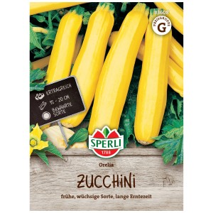 Graines de courgettes Sperli Orelia, fruits jaunes représentés sur l'emballage.