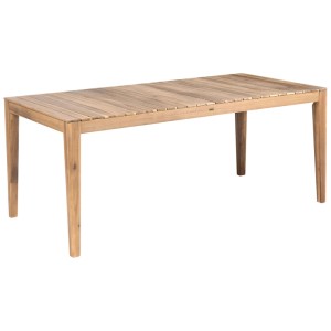 Table de jardin rectangulaire en bois d'acacia clair avec plateau à lattes. Design scandinave pour ensemble de jardin.