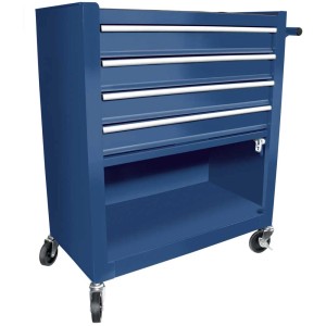 Carrello da officina blu Einhell BT-WW 180, dotato di set di attrezzi da 180 pezzi, 4 cassetti, vano portaoggetti e ruote.
