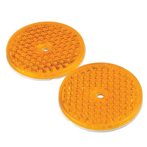 Due catarifrangenti laterali Unitec gialli, rotondi, per accessori rimorchio auto.