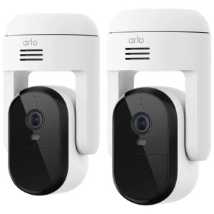 Zwei weisse Arlo Essential 3 HD PTZ Überwachungskameras im Set.
