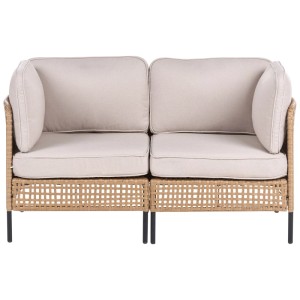 Canapé de jardin modulaire Beliani Omegana 2 places en rotin PE beige clair avec coussins.