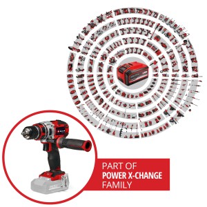 Visseuse-perceuse sans fil Einhell TP-CD 18/80 Li BL Solo avec batterie Power X-Change et aperçu des accessoires.