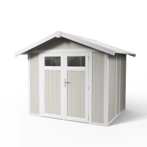 Abri de jardin Grosfillex Utility 4,9 gris-vert : Abri de jardin en plastique avec double porte et toit à deux pentes.