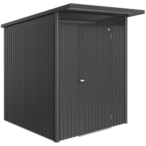 Casetta da giardino Biohort AvantGarde Eco Gr. A1 in grigio scuro metallizzato con tetto a una falda e porta standard.