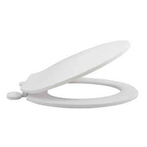 Sedile WC MSV bianco in polipropilene, leggermente aperto, per WC standard.