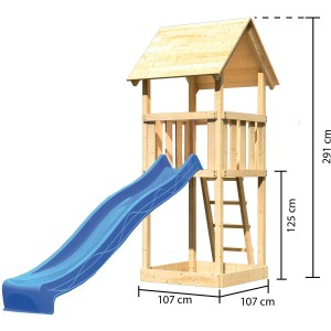 Tour de jeu Karibu Lotti en bois naturel avec toit à deux pentes bleu et toboggan. Aire de jeux en bois avec échelle.