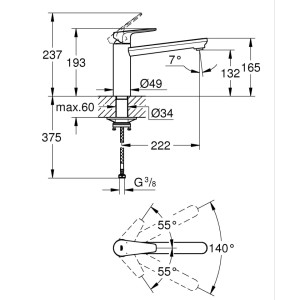 Disegno tecnico: Miscelatore cucina Grohe QuickFix Start Edge con dimensioni e raggio di rotazione.