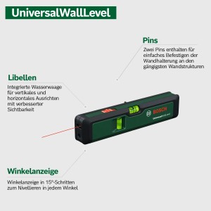 Livella laser Bosch UniversalWallLevel: strumento di misura compatto con linea laser e livella a bolla integrata.